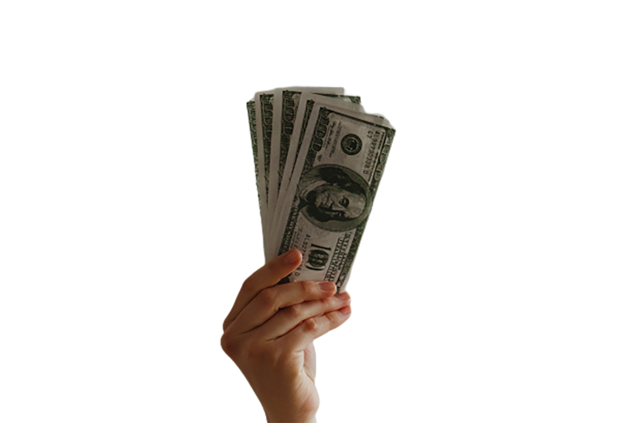 Person holding hundred dollar bills transparent background PNG