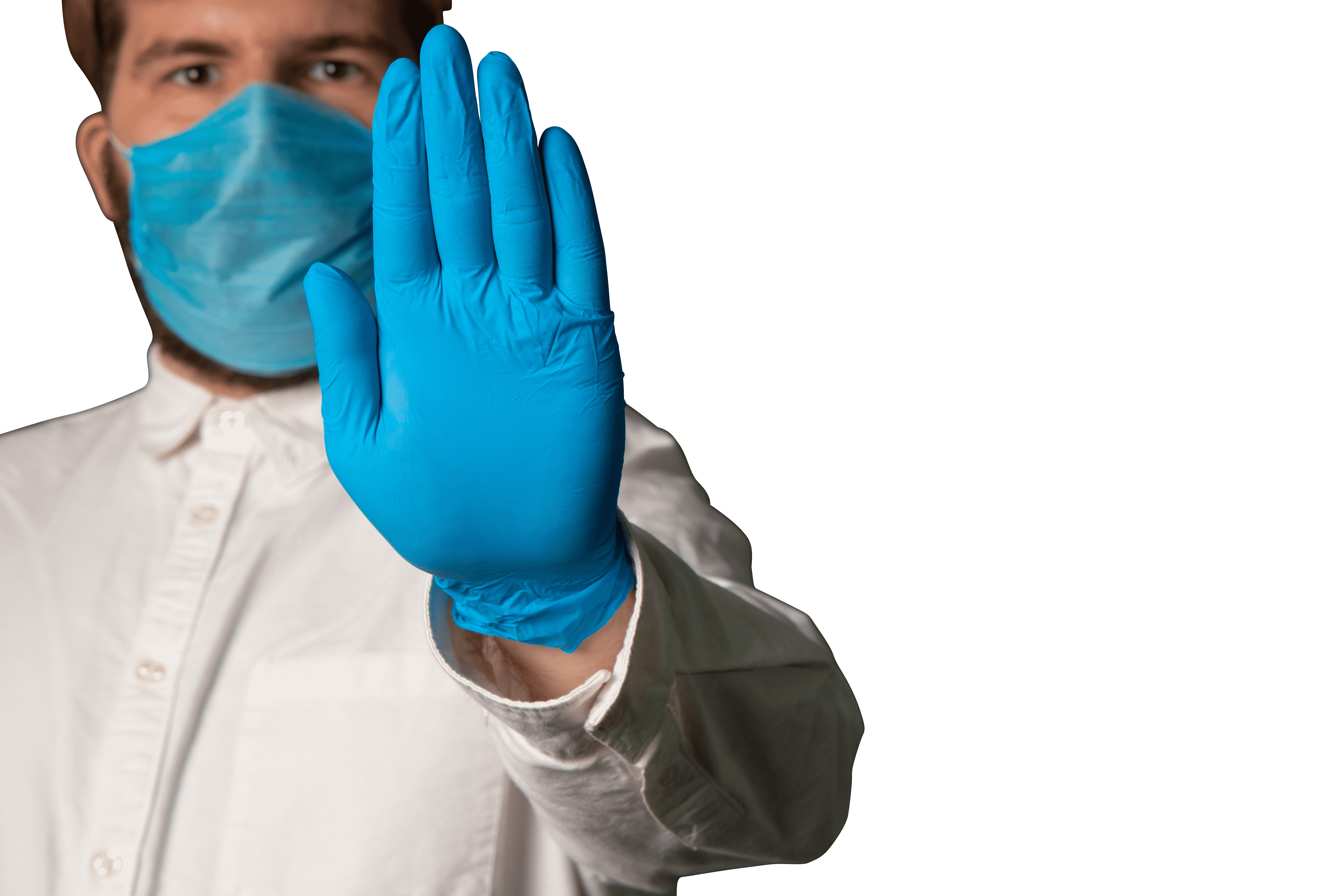 Doctor in white coat and blue gloves shows stop transparent background.png