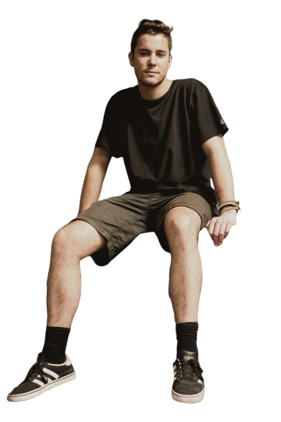 Boy wearing shorts and black shirt   Transparent background. PNG 