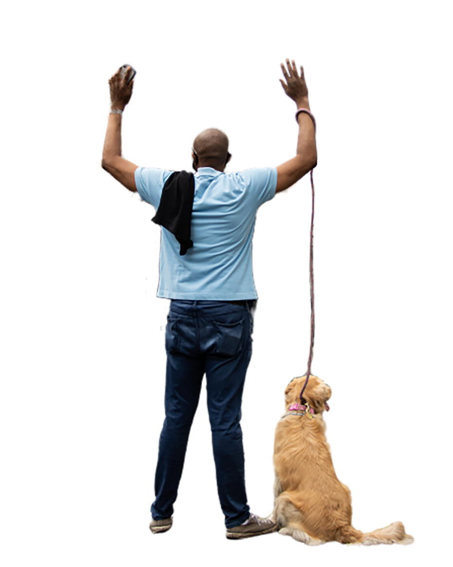 Bald head man with its pet dog transparent background PNG