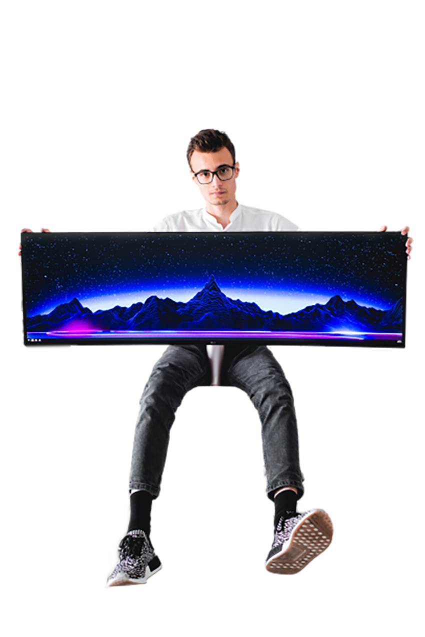 Man showing an ultra-wide monitor transparent background PNG