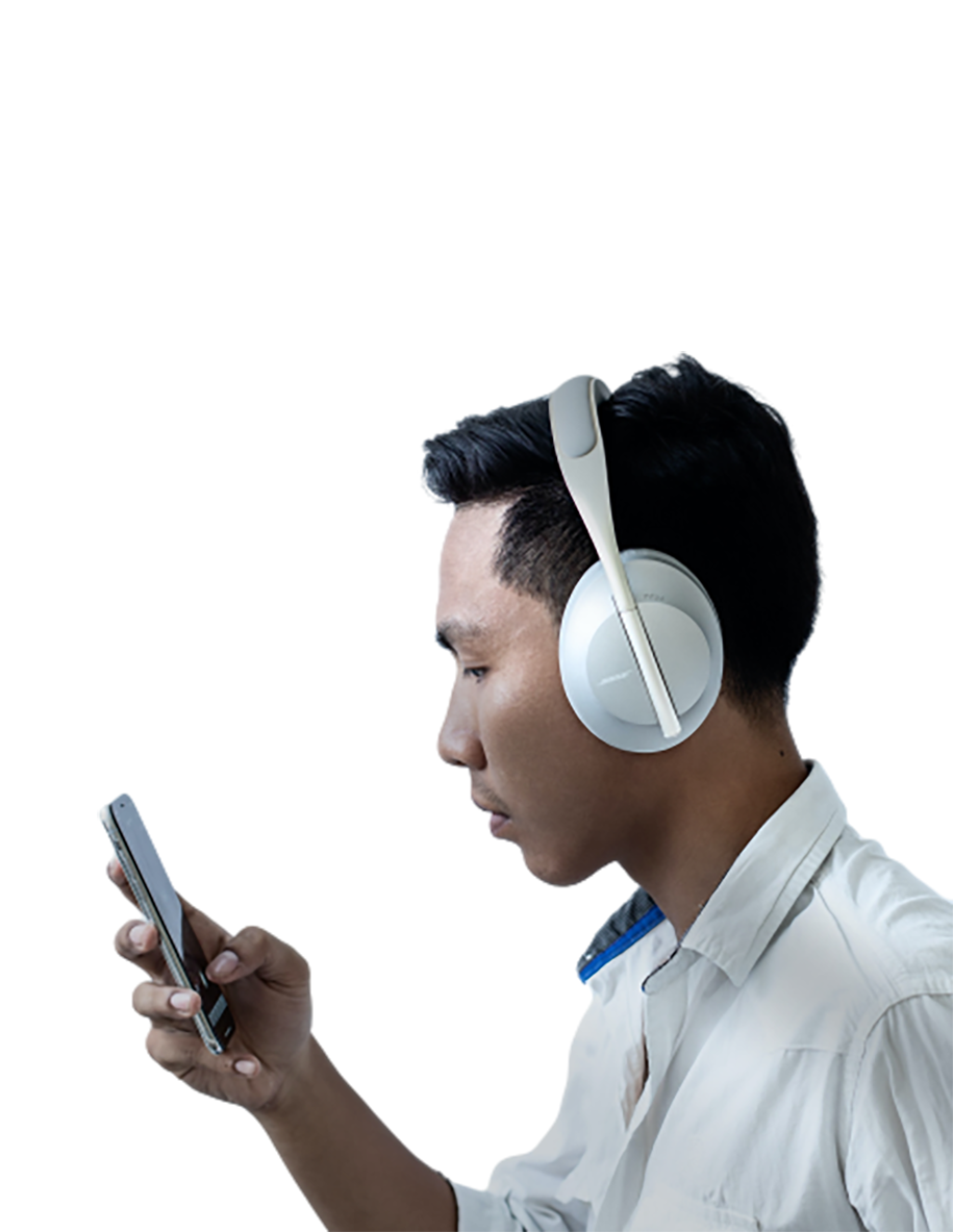 Man using a Smartphone and a headphone transparent background PNG