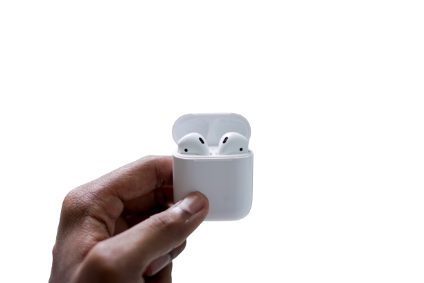 White Airpod with the charging case in hand transparent background PNG