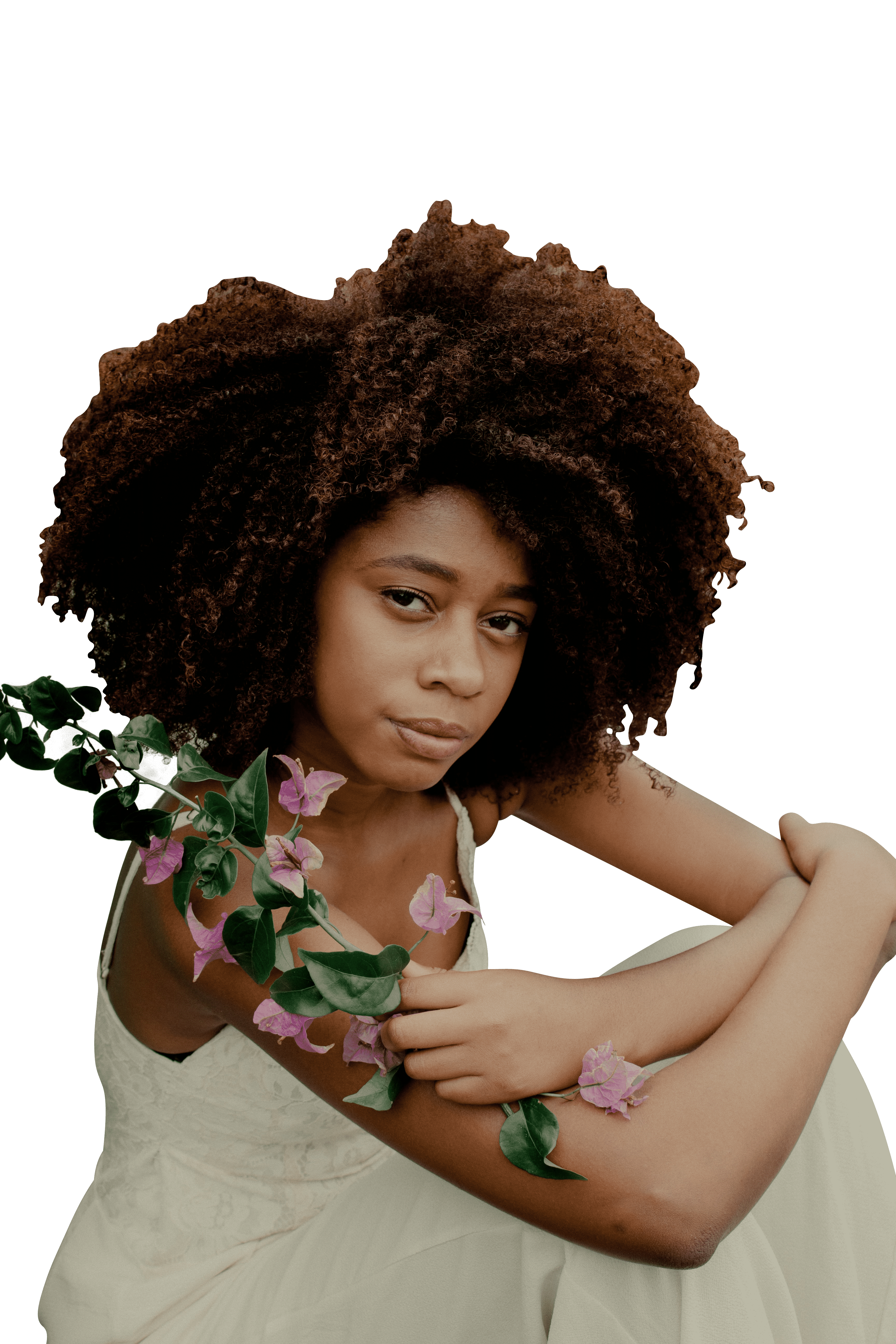 Black curly haired woman holding pink flowers transparent background.png
