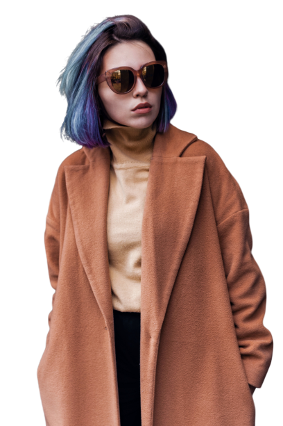 Girl model wearing brown coat with blue hairs Transparent Background PNG 