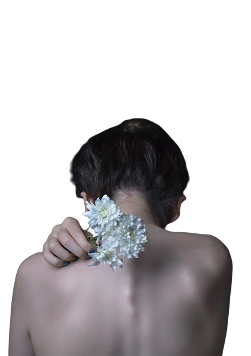 Naked girl with white flowers, back view transparent background PNG 