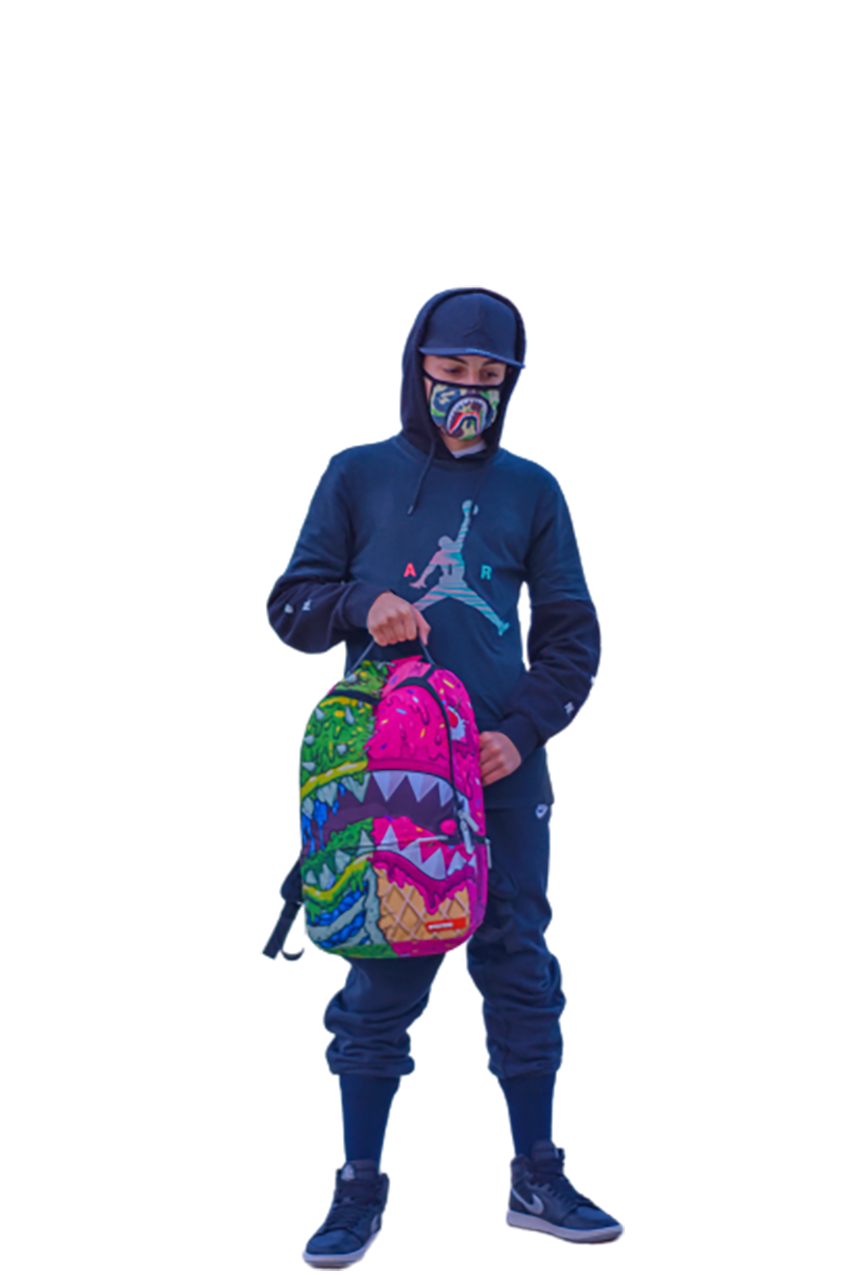 Man in blue dress multicolored bag and mask transparent background PNG
