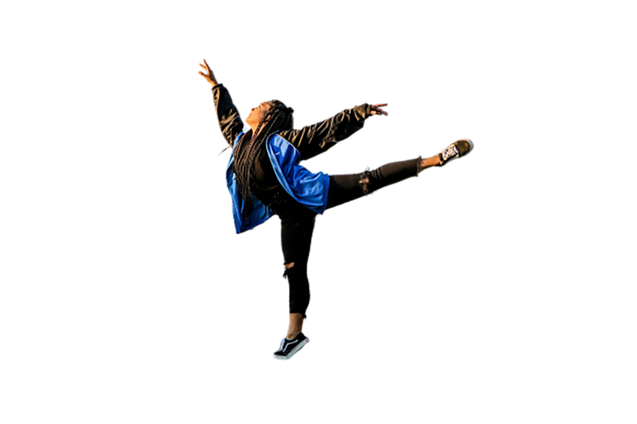 Girl in black-blue dress is dancing transparent background PNG