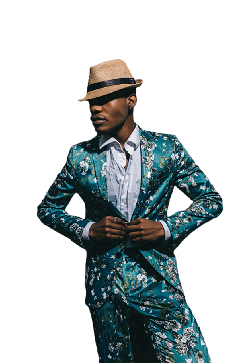 Black man in blue designed dress transparent background PNG
