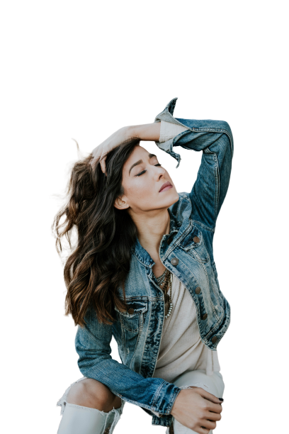 Girl with beautiful long hairs with a hand in hairs , Transparent Background PNG