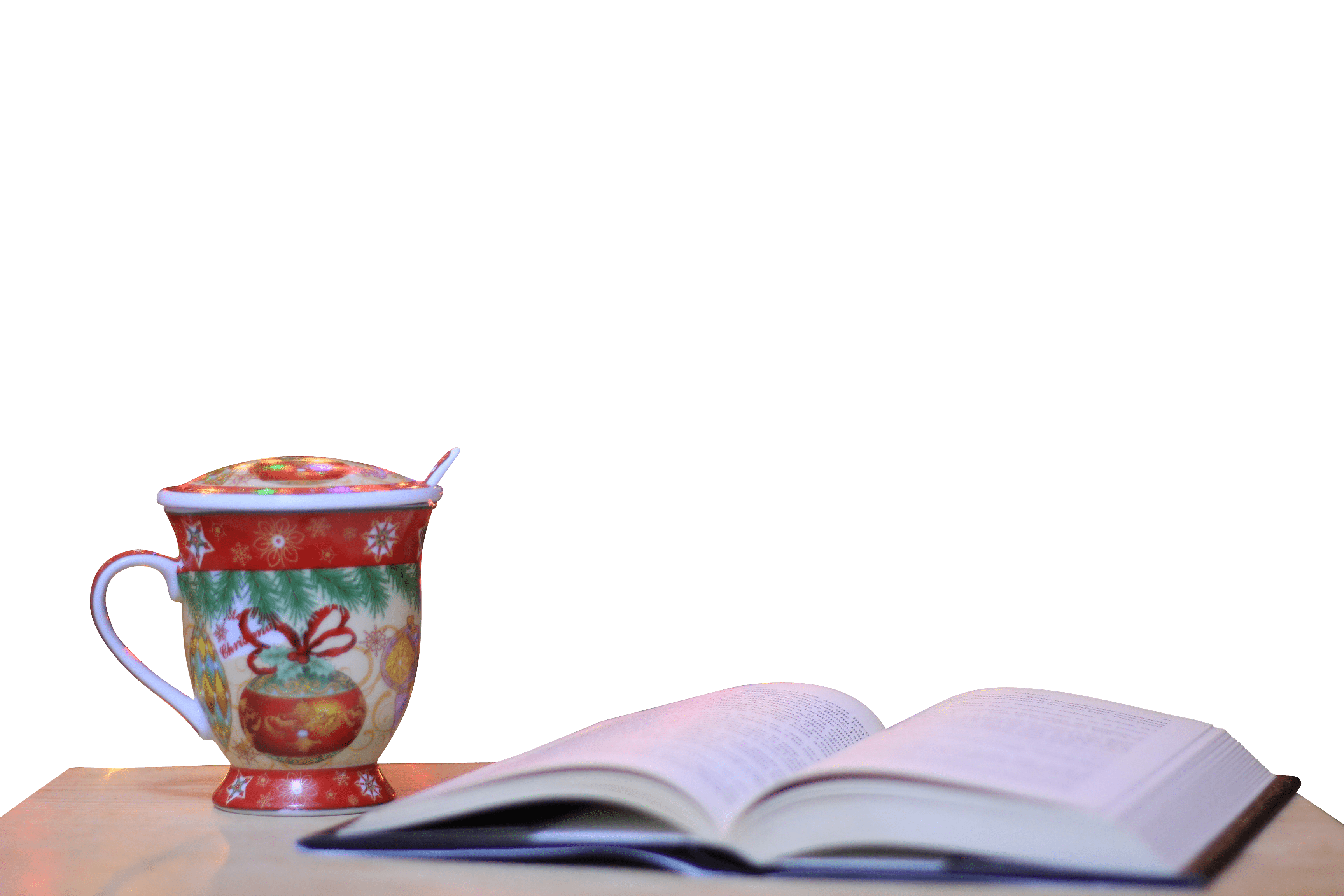 Composition of book with cup of coffee on table transparent background.png